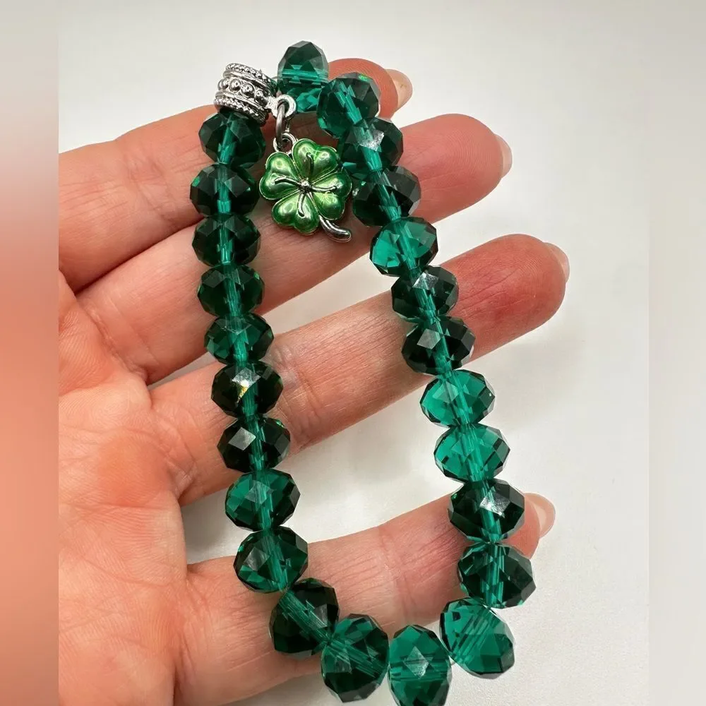 SALE! Green faceted glass‎ crystal beaded stretch bracelet with shamrock charm!